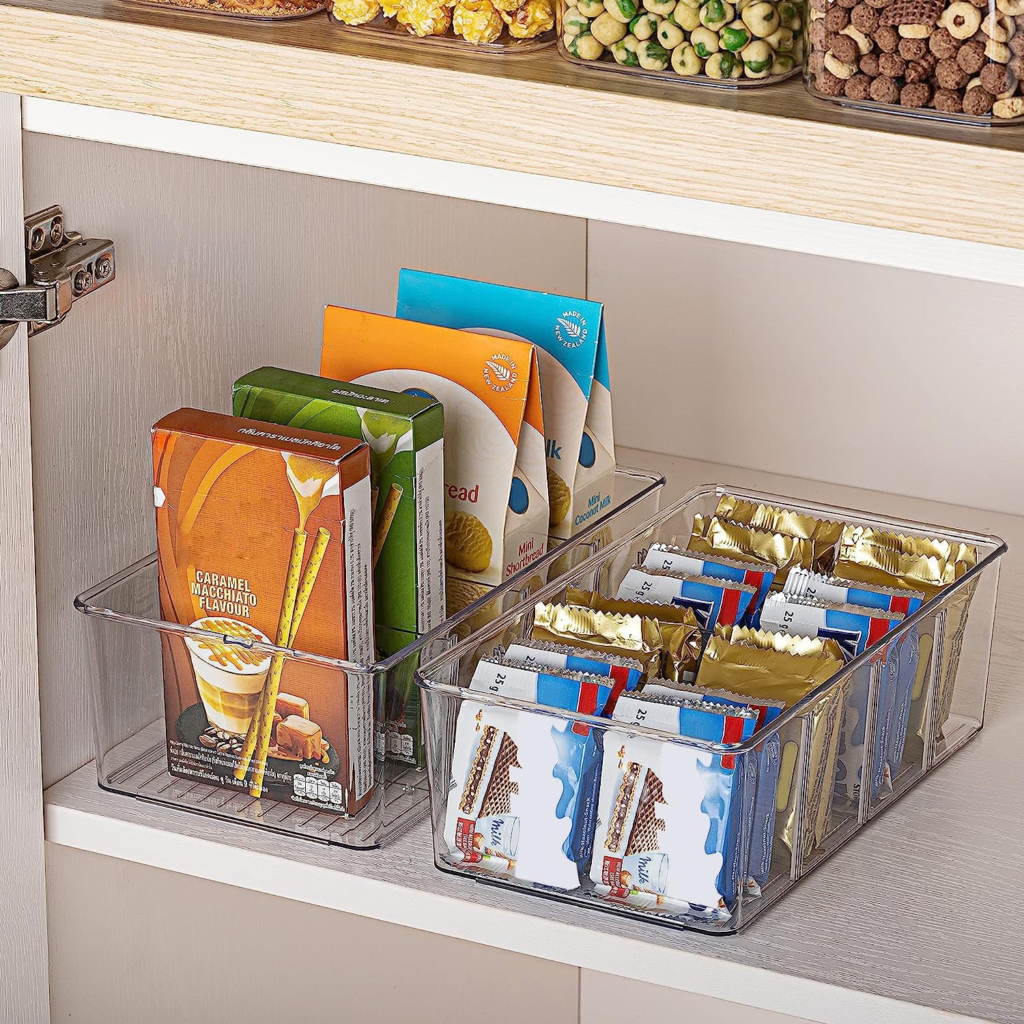Image of clear plastic organizers for pantry organization